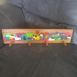 Vintage La Palma El Salvador Folk Art Wood Coat Hook Wall Hanger Birds Armadillo